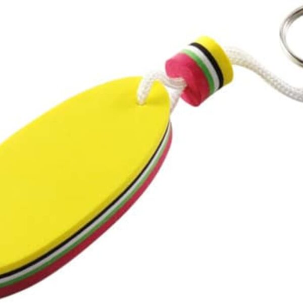 Yellow foam keychain float with striped edges and a white rope.