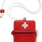 Red first aid kit with a white cross symbol, housed in a rectangular plastic case. It has a secure latch and is attached to a white string lanyard with a red bead.