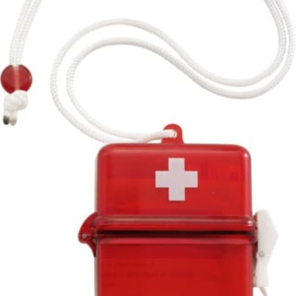 A red plastic first aid kit with a white cross symbol on the front. It has a white carrying cord attached to the top with a red bead. The kit has a latch closure and appears compact for portability.