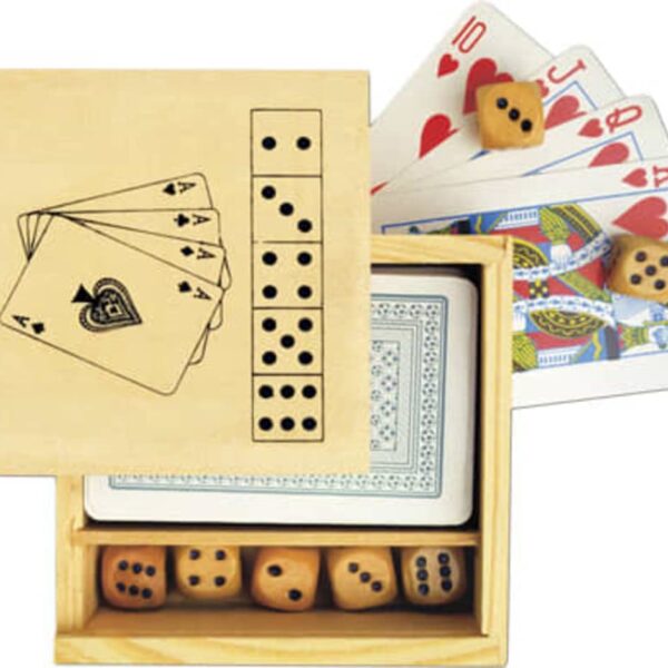 Wooden box with playing cards and dice on a white background.