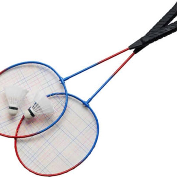 Two badminton rackets with red and blue frames and two shuttlecocks on a white background.