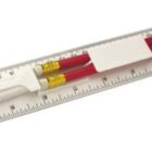 White plastic ruler with a built-in sharpener and two red pencils.