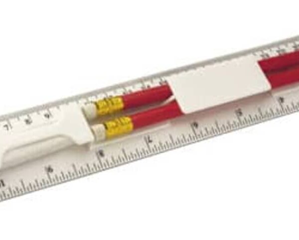 Set with a ruler, sharpener, and two red pencils arranged neatly.