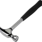 Silver hammer with a black rubber handle, featuring a claw for nail removal.