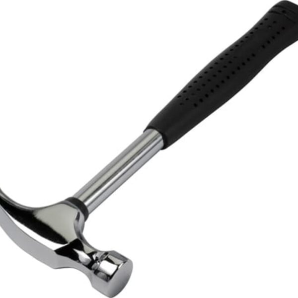 Silver claw hammer with a black rubber grip handle.