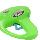 A bright green bubble gun with a blue trigger, featuring a pink bubble wand at the nozzle. Next to it is a green bottle labeled Magic Bubbles, likely containing bubble solution.