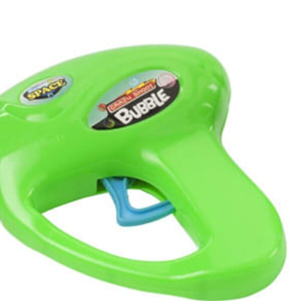 A bright green bubble gun with a pink nozzle and a blue trigger, accompanied by a small bottle of bubble solution labeled Magic Bubbles. The items are set against a plain white background.
