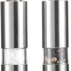 Two stainless steel salt and pepper grinders with visible contents.