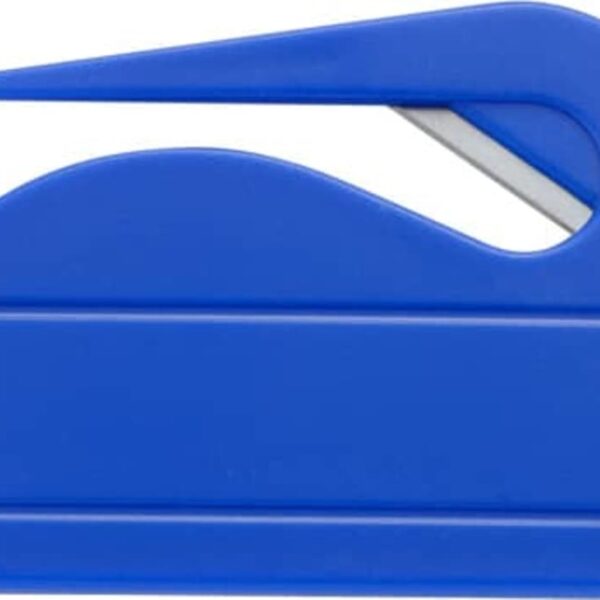 Blue plastic letter opener with a curved edge and exposed blade.