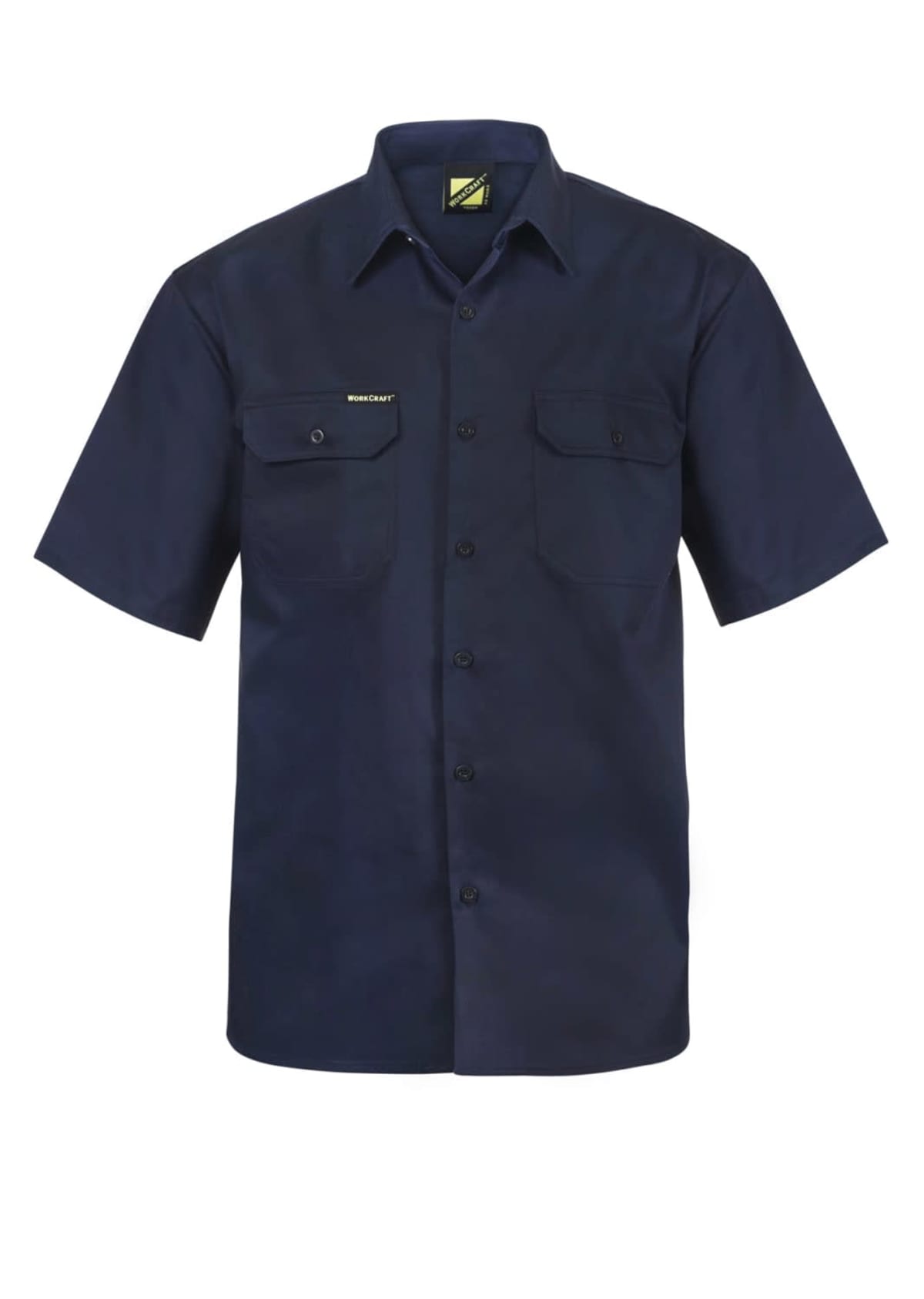 Navy blue short-sleeve work shirt with two chest pockets.