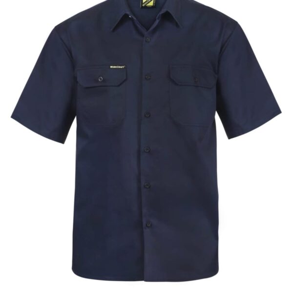 Navy blue short-sleeve button-up shirt with two chest pockets.