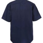Back view of a short-sleeved, dark blue shirt on a white background.