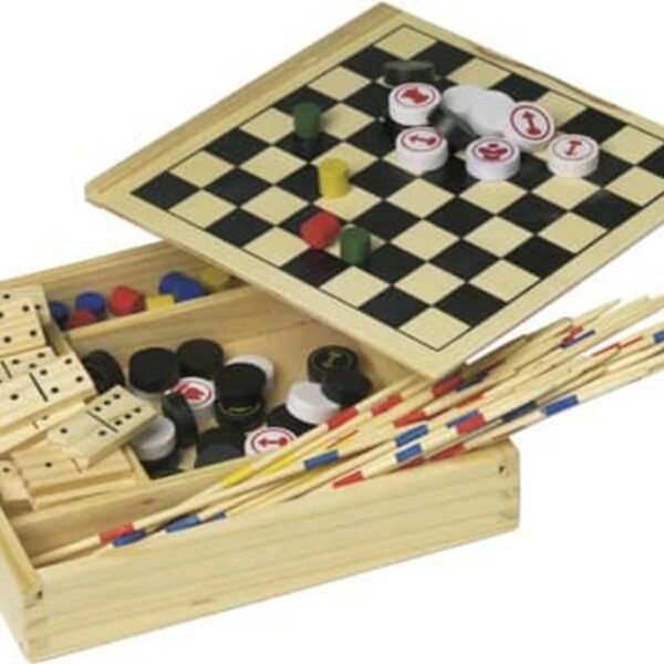 Wooden games box with checkers, dominoes, dice, and pick-up sticks.