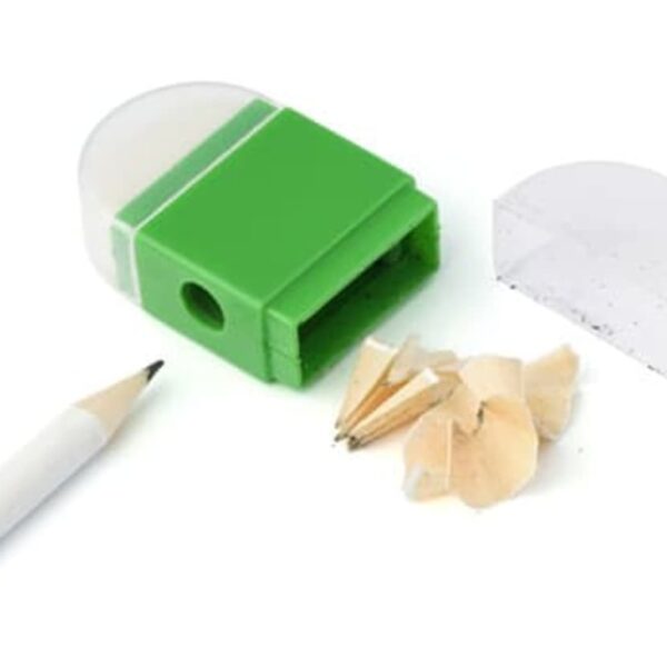 Pencil, green sharpener with cover, and pencil shavings on a white background.