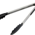 Metal kitchen tongs with black rubber grips on both ends.