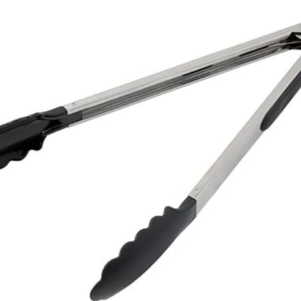 Metal kitchen tongs with black rubber grips on a white background.