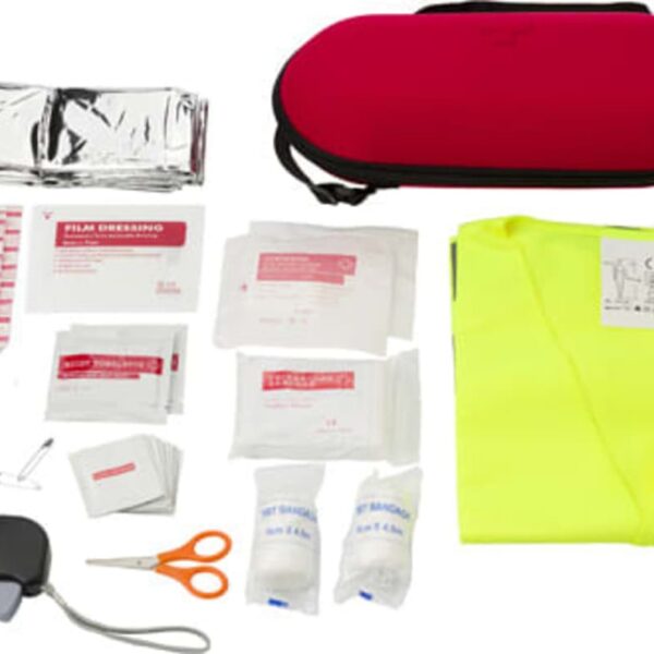 First aid kit with bandages, thermal blanket, scissors, vest, and a red case.