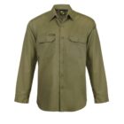 Olive green long-sleeve button-up shirt with two front pockets, each featuring a flap and button closure. The shirt has a classic collar and a small logo tag above the left pocket, set against a plain white background.