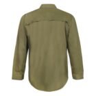 A long-sleeve olive green button-up shirt is shown from the back. The shirt has a yoke design across the shoulders and buttoned cuffs.