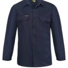 Dark blue long-sleeve button-up shirt with two chest pockets, each secured with a buttoned flap. A small patch with text is visible above the left pocket. The shirt has a classic collar and is neatly pressed.