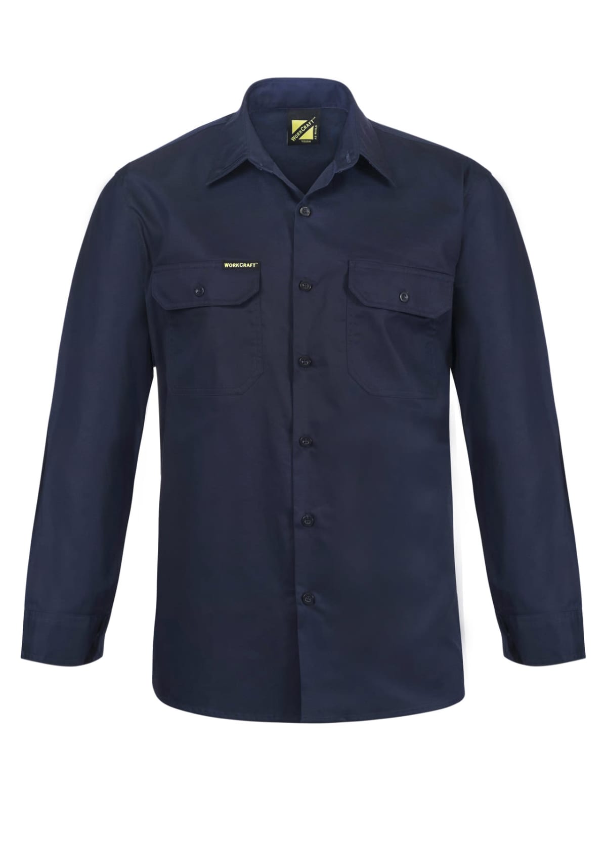 Dark blue long-sleeve button-up shirt with two chest pockets, each secured with a buttoned flap. A small patch with text is visible above the left pocket. The shirt has a classic collar and is neatly pressed.
