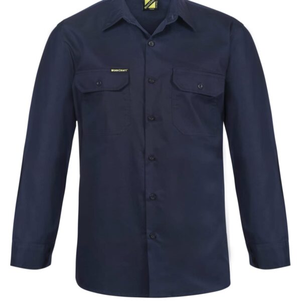 A navy blue long-sleeve button-up work shirt with a collar and two chest pockets, one with a pen holder.