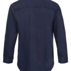A navy blue long-sleeve button-up shirt is displayed from the back. It features a classic collar and a smooth fabric with a slightly curved hem. The design is simple and formal.
