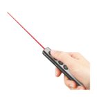 Hand holding a laser pointer with a red beam on a white background.