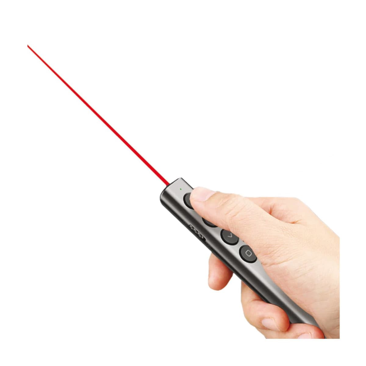 Hand holding a laser pointer with a red beam on a white background.