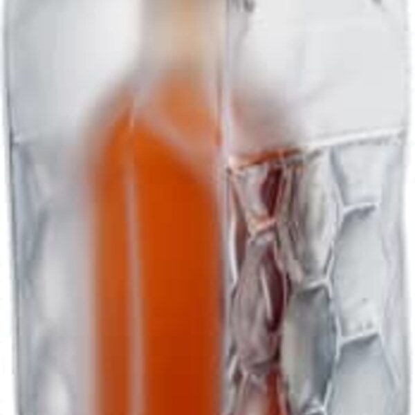 Bottle in a transparent, patterned ice bag with handles.