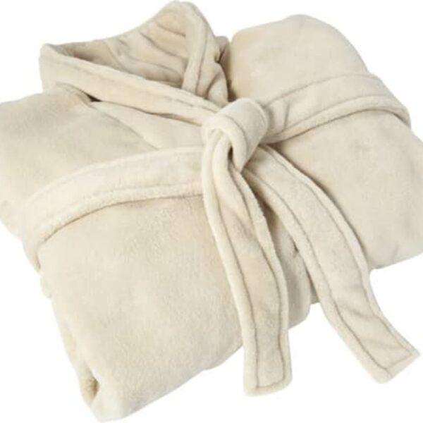 Folded beige bathrobe with a tied belt on a white background.