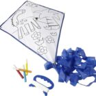 A white diamond-shaped kite with black outlined drawings of a giraffe, flowers, and leaves. It has a blue border and a long blue tail. Four colored markers and a blue handle with string are included for decoration.