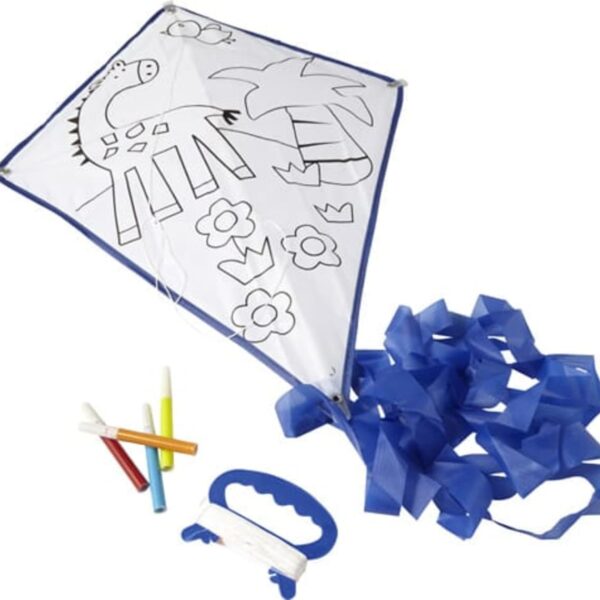 A white diamond-shaped kite with blue edges featuring black outlines of a giraffe, trees, and flowers. It includes blue ribbon tail, a handle with string, and four markers in red, yellow, green, and blue for coloring the images.