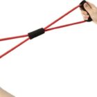 Hands pulling a red resistance band with black handles.