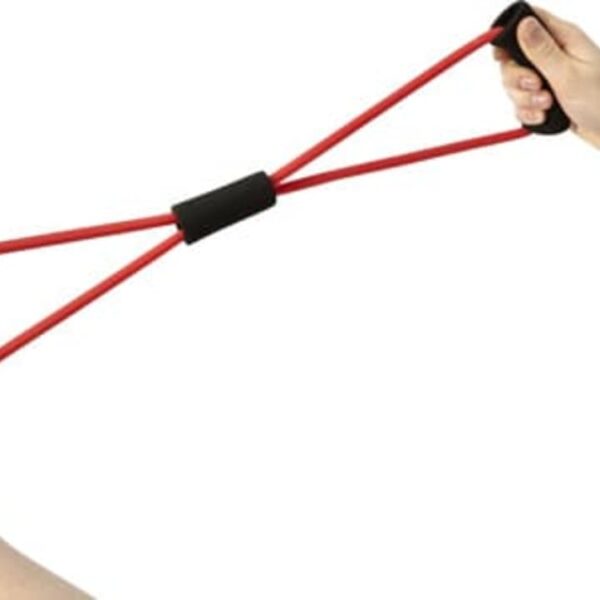 Hands stretching a red resistance band with black handles.