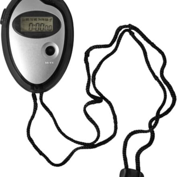 Digital stopwatch with a black cord, displaying time.