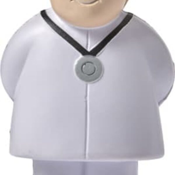 Toy doctor figure with a stethoscope, wearing a white coat and grey hair.