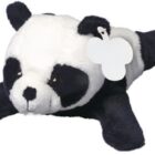 A soft, plush toy panda lying on its belly with outstretched arms and legs. The panda has a black and white color scheme, black ears, and a small black nose. It features a white price tag hanging from one ear.