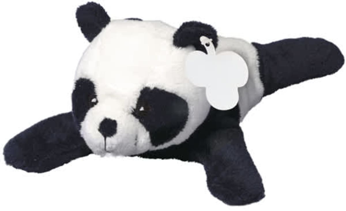 A soft, plush toy panda lying on its belly with outstretched arms and legs. The panda has a black and white color scheme, black ears, and a small black nose. It features a white price tag hanging from one ear.