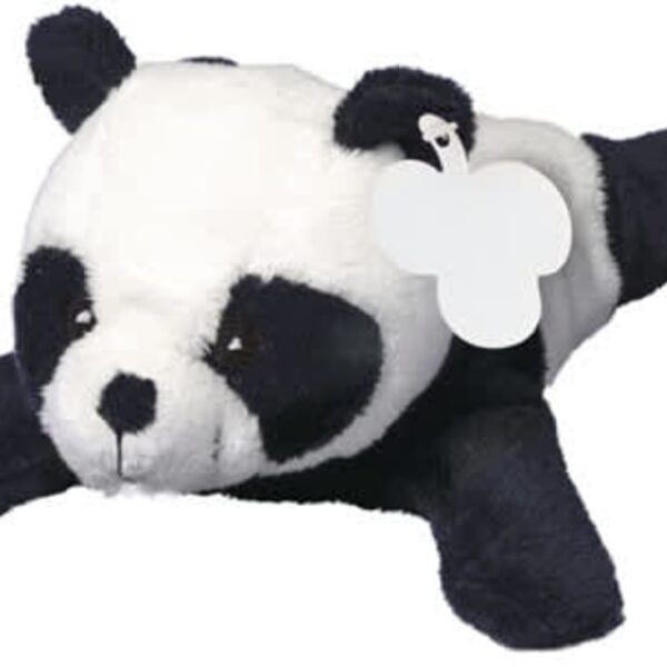 A plush panda toy laying flat with its limbs spread out. The toy is black and white with a soft, fuzzy texture and has a small, white tag attached to it.