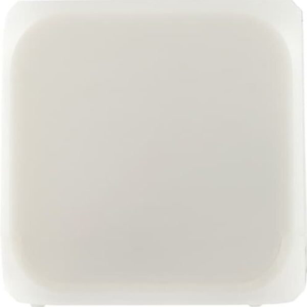 A square, off-white, opaque plastic item with rounded corners.
