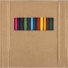 Brown folder with decorative floral design and colored stripes visible through a cutout.
