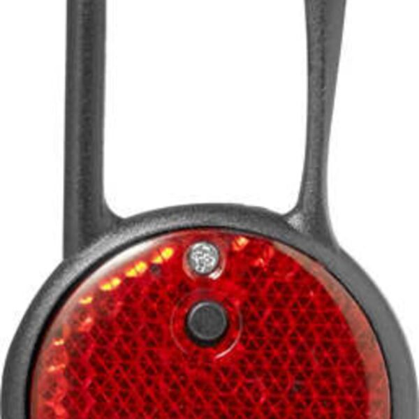 Red reflector with a carabiner clip, featuring three white LEDs.