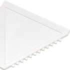 Triangular white cake scraper with a flat side and a side with ridges.