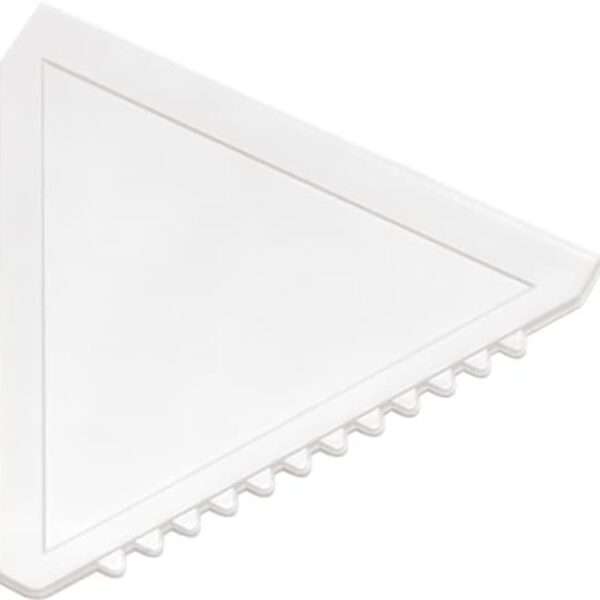 White triangular cake smoother with a textured edge.