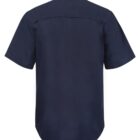 Back view of a navy blue short-sleeved button-up shirt. The shirt has a plain design with a collar, and the material appears smooth and slightly glossy.