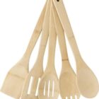 Five wooden kitchen utensils with varied shapes, including spoons and spatulas, overlapping.