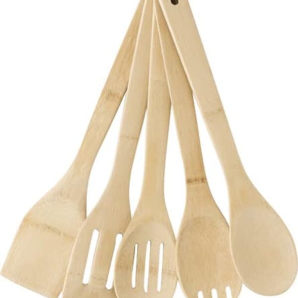 Five wooden kitchen utensils with various spoon and spatula shapes.