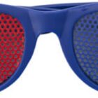 Blue sunglasses with lenses featuring a design of red, white, and blue vertical stripes.