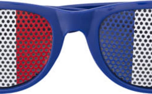 Blue sunglasses with perforated lenses featuring vertical red, white, and blue stripes.